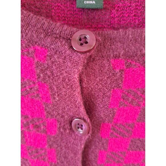Wild Fable Womens Pink Burgundy Checkered Button-Front Crop Cardigan Sweater M - Picture 2 of 4